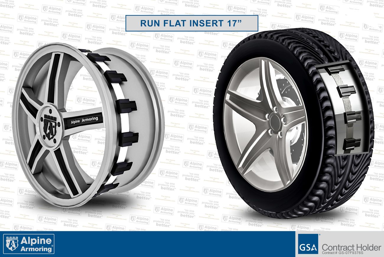 Alpine Armoring 17-inch run-flat insert shown separately and installed inside tire on wheel rim with GSA Contract Holder certification.