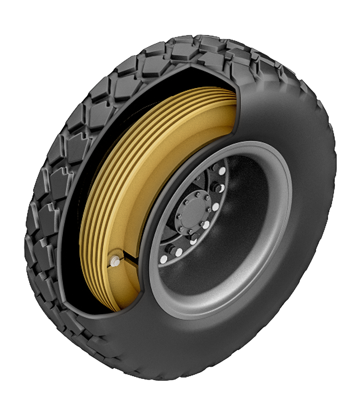 Cutaway view of run-flat tire showing gold ribbed insert mounted on wheel rim, demonstrating how run-flat technology maintains tire structure after air loss.