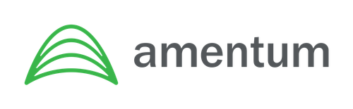 Amentum company logo featuring green curved arc symbol and gray amentum text